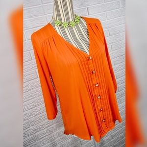 🧡Sheer Orange Top w/ Ruffled Front & Gold Buttons
